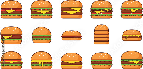 Cheeseburger Collection Set with Different Burger Variations, Layers and Toppings Isolated on White Background