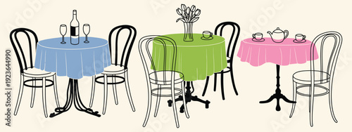 Cafe and Restaurant Table and Chair Set with Tablecloth, Wine Bottle, Glasses, Flowers, Teapot and Cup, Romantic Date Lunch and Dinner Concept, Hand Drawn Vector Illustration Isolated
