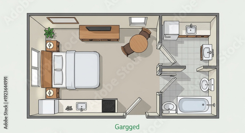 Detailed floor plan of a hotel room with furniture and bathroom layout.