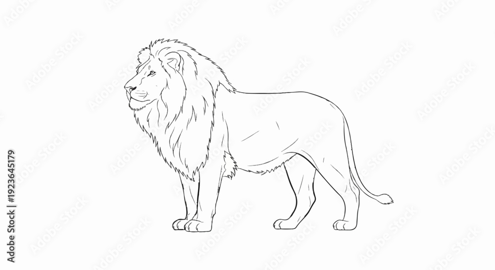 Obraz premium Majestic lion with a full mane stands proudly, facing left in a sketch