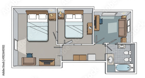 Detailed architectural floor plan showcasing a modern hotel room layout with multiple beds and amenities.