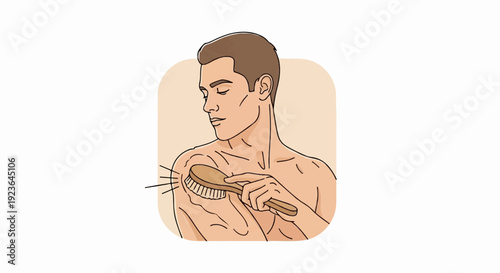 Man brushing his shoulders with a wooden brush for exfoliation