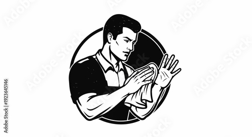 Man cleaning hands with cloth inside a circle