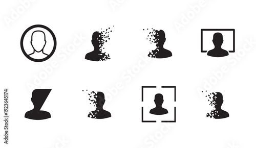 Set of modern avatar icons with disintegrating and framed silhouettes