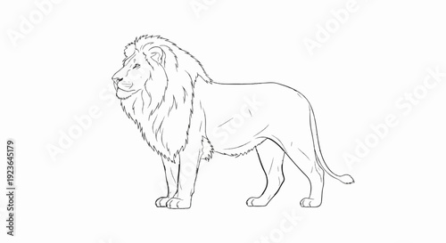 Majestic lion with a full mane stands proudly, facing left in a sketch