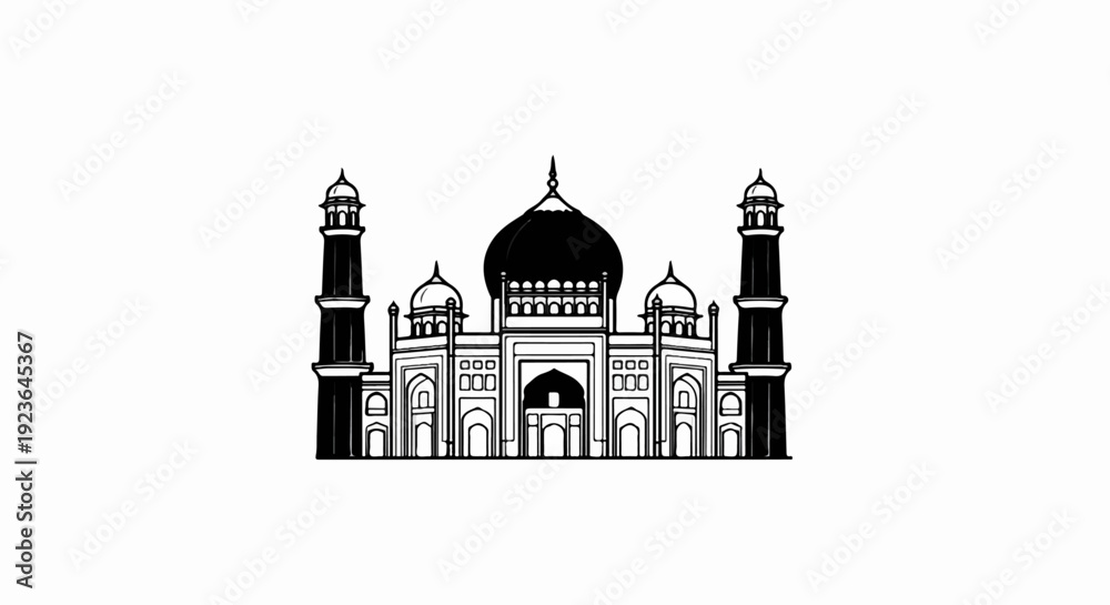 Fototapeta premium Iconic domed structure with tall minarets, black and white sketch