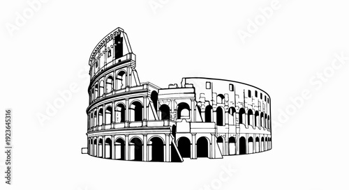 Iconic ancient amphitheater, a grand structure with arched levels and partial collapse