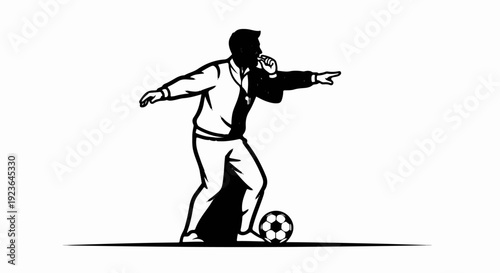 Man in silhouette blowing whistle and pointing, soccer ball at feet