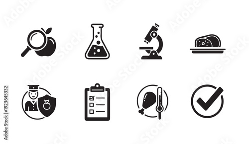 Food safety icons including magnifying glass on apple, beaker, microscope, meat on plate, shield with chef, clipboard, thermometer and checkmark