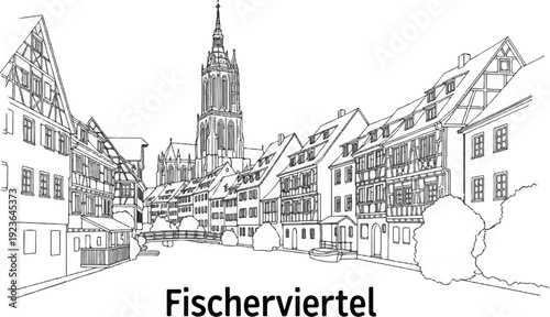 Line art sketch of a historic European street scene with timber-framed buildings and a spire