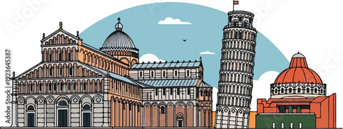 Iconic Italian landmarks, including a leaning tower and grand cathedrals, depicted in a stylized illustration
