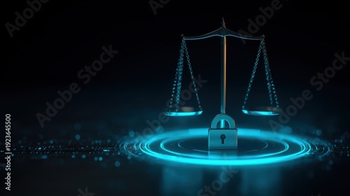 Balanced Justice Concept with Scales, Lock, and Blue Light in Dark Background Reflects Security and Legality Themes for Legal and Financial Imagery Needs