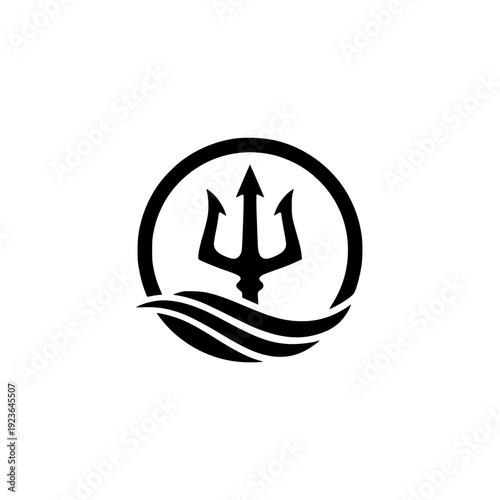 Black trident silhouette vector illustration enclosed in a circle with water wave accents at the bottom.