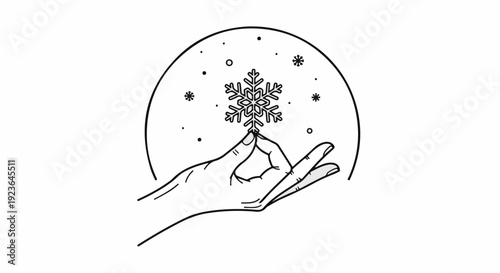 Hand holding a delicate snowflake against a circular backdrop of falling snow