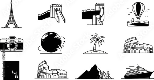Icons of travel Eiffel Tower, Great Wall, hot air balloon, camera, globe, island, Colosseum, boats, mountains, ship