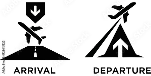 Icons representing air travel arrival and departure with airplanes and directional arrows
