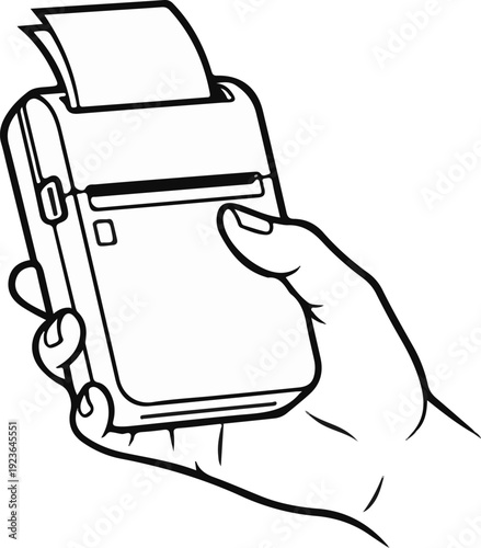 Hand holding a portable receipt printer with paper extending from slot