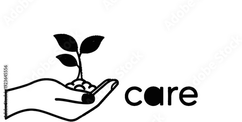 Hand holding a sprouting plant, with the word "care" next to it