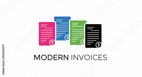 Four colorful invoices with dollar signs, representing financial transactions