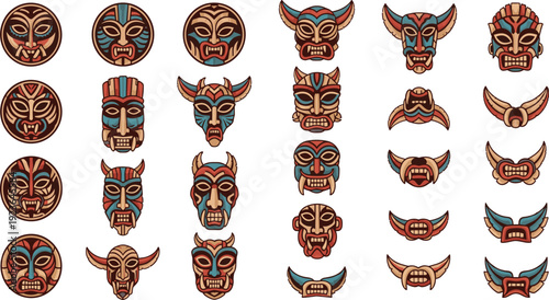 African Tribal Mask Icon Collection with Ethnic Ritual Faces Horned Totems and Round Emblems Traditional Culture Flat Vector Set Police Stop
