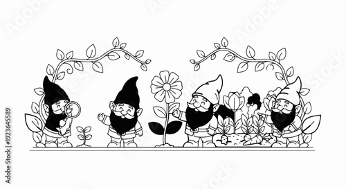 Four friendly garden gnomes tending plants and flowers with vine decorations