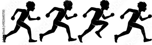 Four black silhouette figures of a person in mid-stride running