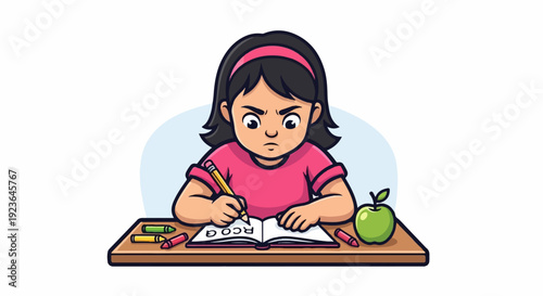 Focused child with frustrated expression diligently writes in open book with pencil, crayons, apple