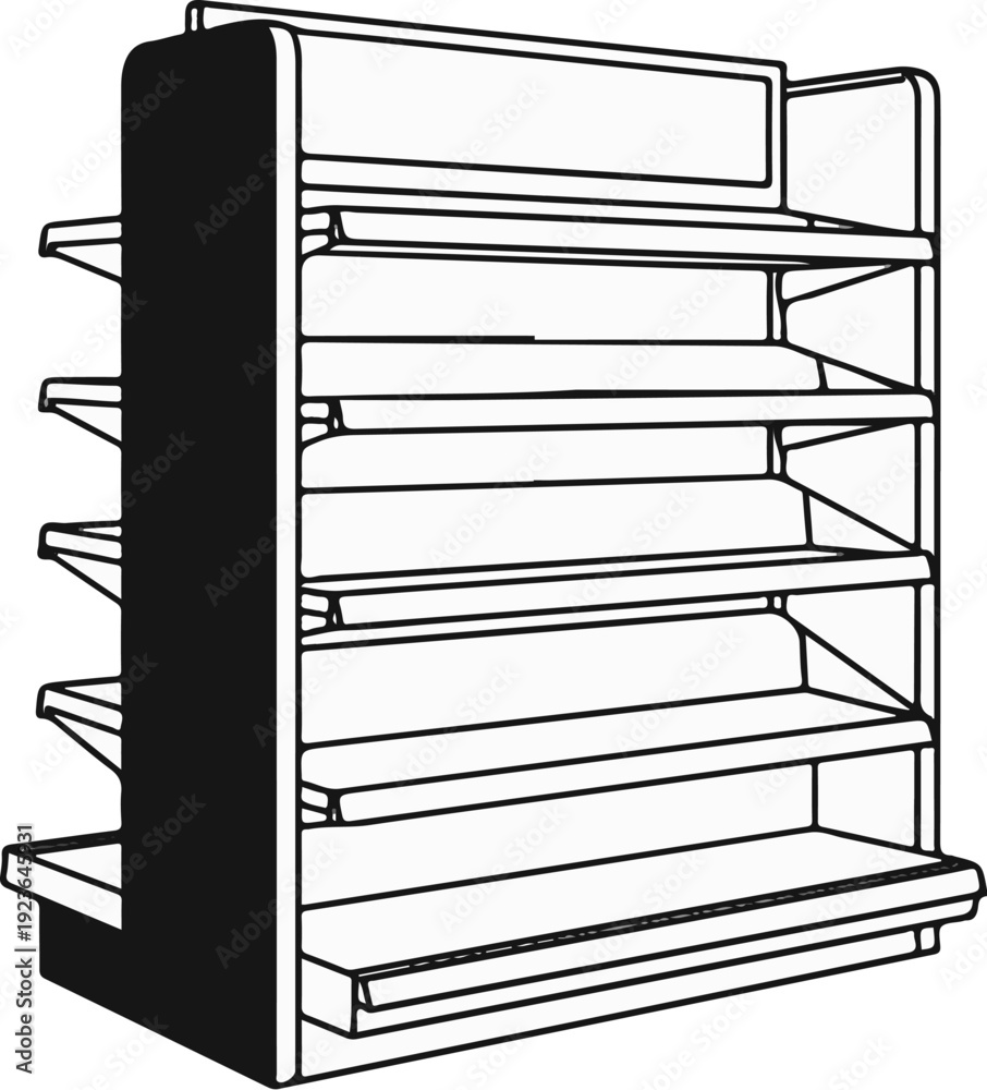 Obraz premium Empty, multi-tiered retail display shelf unit with a solid side panel