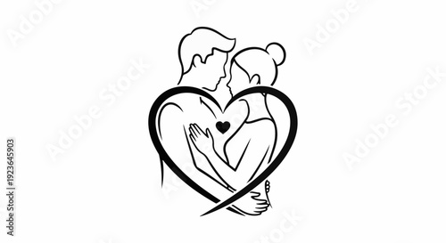 Embrace of two silhouettes within a heart shape, one touching chest