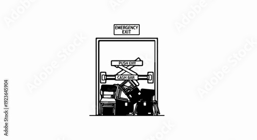 Emergency exit blocked by chairs and other items, preventing passage