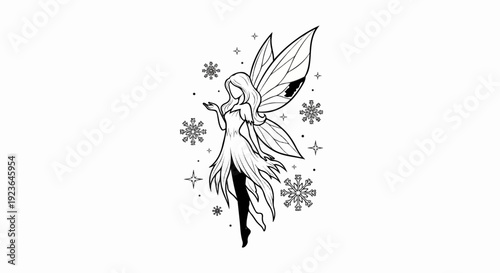 Enchanting winged figure blowing snowflakes amidst starry sky