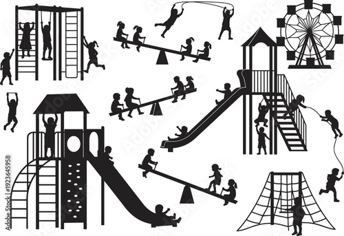 Black silhouette illustration of children playing on playground structures including slides, swings, climbing frames, ladders, seesaws, and Ferris wheel, showcasing fun, exercise, and social 