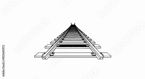 Endless railroad tracks receding into a vanishing point against a white background