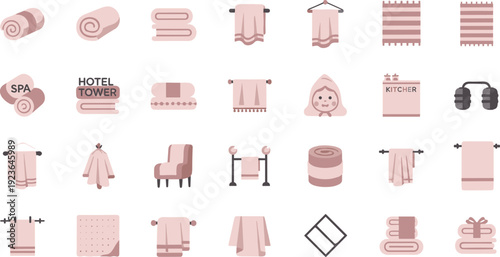 Bathroom Towels and Spa Accessories Collection with Bathrobe, Hotel Towels, Shelf and Textile Decor Elements Isolated on White Background