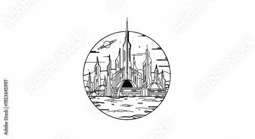 Futuristic cityscape with domes, spires, and a ringed planet