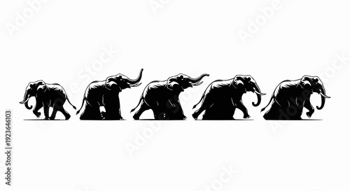 Five silhouetted elephants walk in a line, from small to large