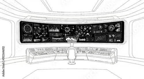 Futuristic control room with a person viewing complex data on large screens