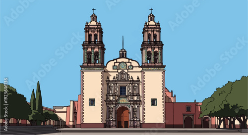 Facade of a detailed, ornate church with two towers, set against a clear blue sky