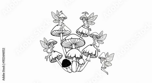 Fairies perched on and around a cluster of mushrooms