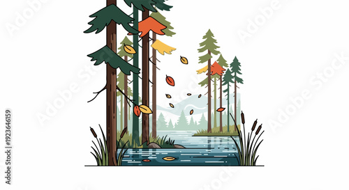 Falling autumn leaves descend onto a tranquil forest lake with reeds