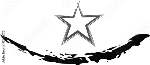 Artistic black star logo with grunge brush stroke underline and hand drawn charcoal texture for military or sports branding