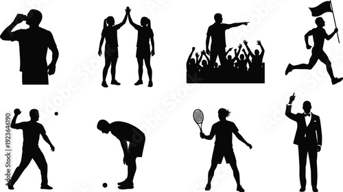 Black silhouette set of people playing sports, diverse athletes including tennis player and runner, competition victory poses isolated on white.