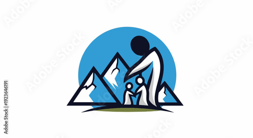 Family embracing nature's peaks under a bright sky