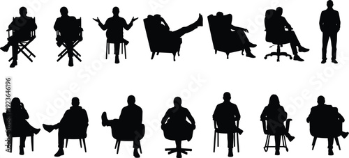 Black silhouette set of people sitting in different chairs, diverse men and women in office and lounge seating poses isolated,