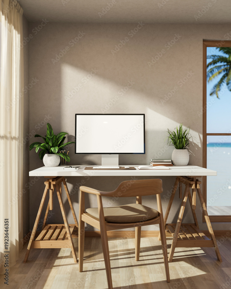 Obraz premium White screen computer on wooden table with sunlight through curtain and sea beach view outside door.