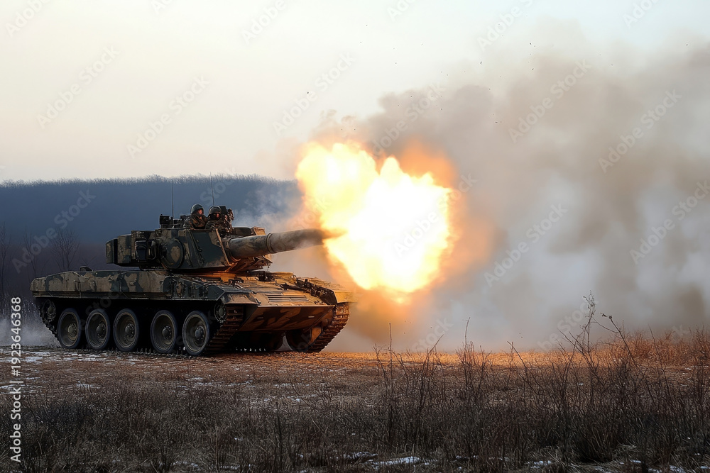 Fototapeta premium Military tank firing its main gun during a combat exercise, with bright muzzle flash and smoke billowing against a winter landscape