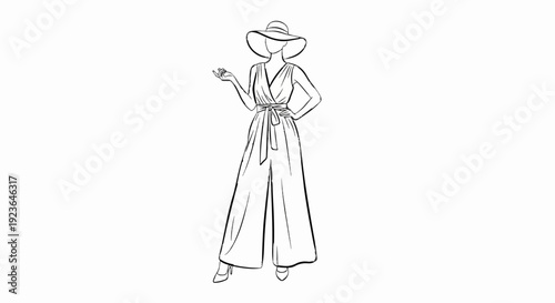 Fashion sketch of a woman in a wide-brimmed hat and wide-leg jumpsuit
