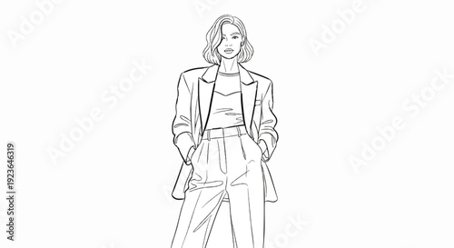 Fashion sketch of a woman in a tailored suit with hands in pockets