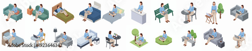 Isometric Person Working with Laptop Various Location Illustration Set