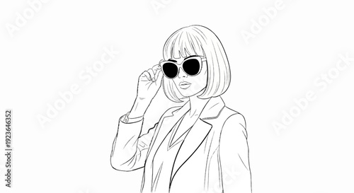 Fashionable woman in bob haircut adjusts stylish sunglasses with dark lenses